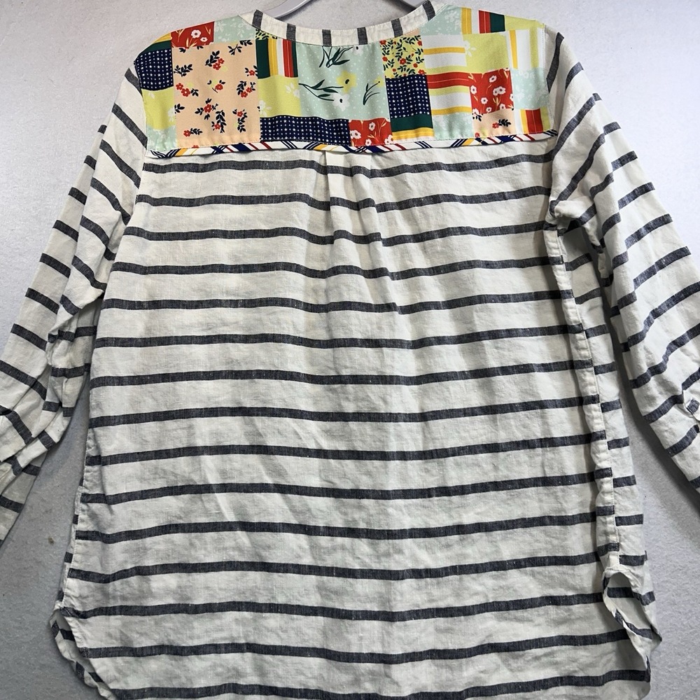 John Mark Linen Floral Embroidered Blouse Size M Blue And White Striped - Picture 5 of 7